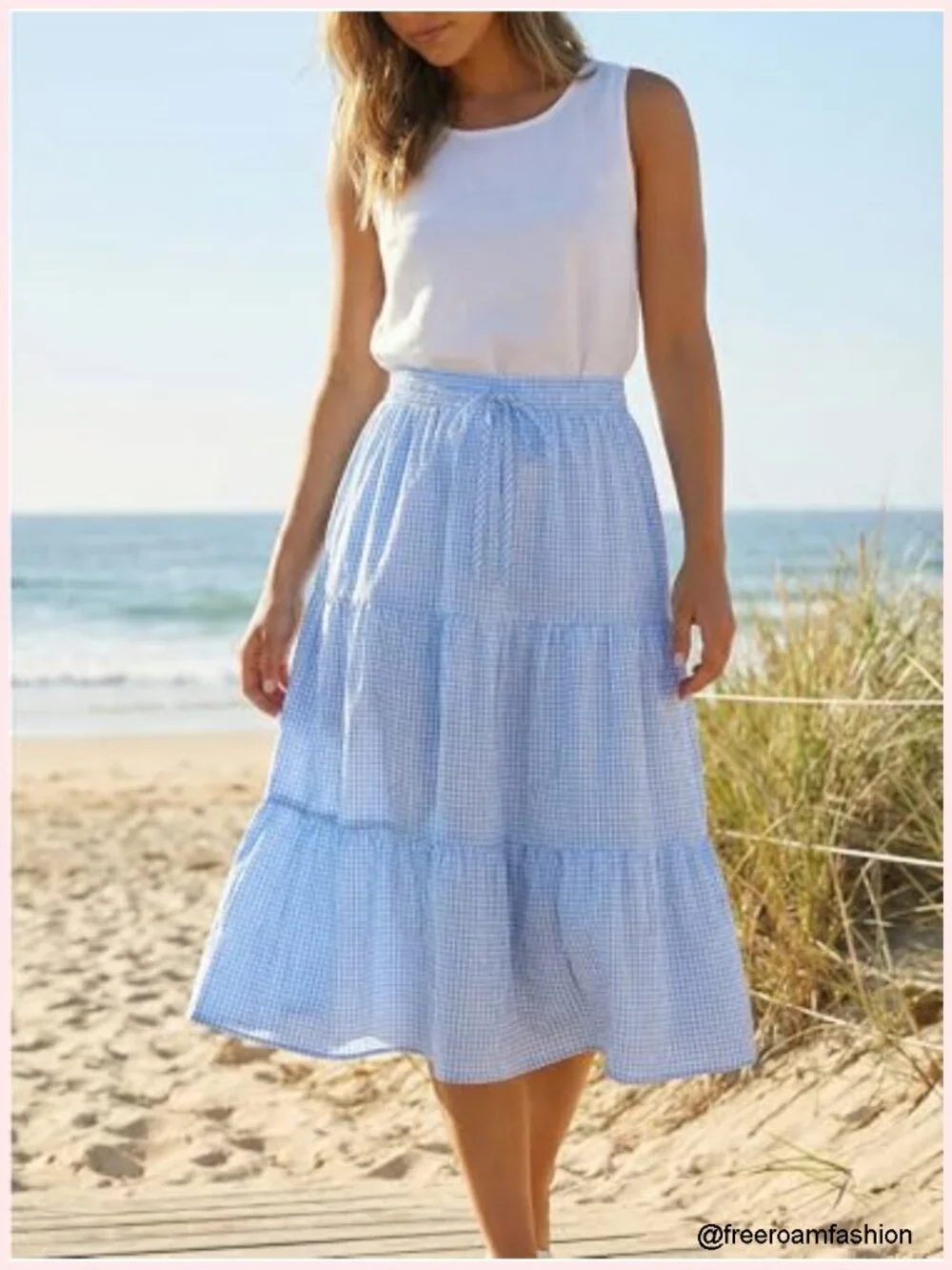 Women's Gingham Skirt Midi A-Line Tiered with Pockets Drawstring Waist